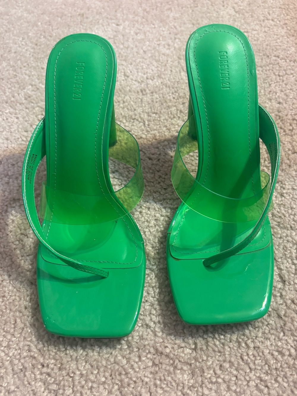 Forever 21 Green Clear-Strap Square-Toe Heels
